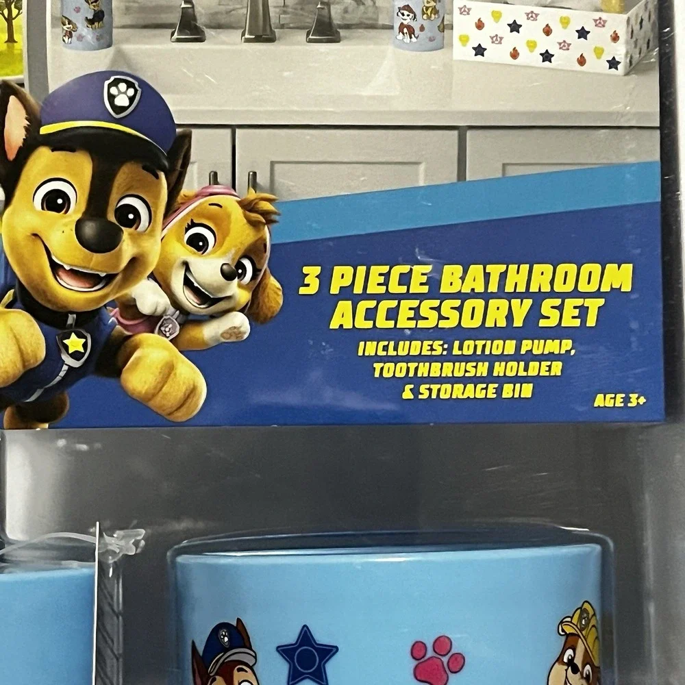 Paw Patrol 3 Pc Bathroom Accessory Set Tooth Brush‎ Holder-lotion/soap Pump-Bin